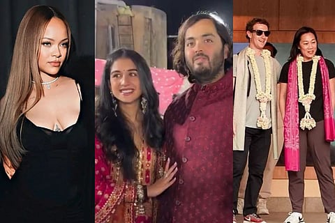 In frame: Rihanna (L), Radhika and Anant (C), Mark Zuckerberg (R)