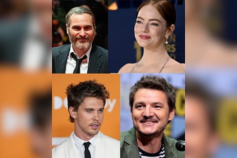 The announced cast for Ari Aster's Eddington; (clockwise) Joaquin Phoenix, Emma Stone, Austin Butler, and Pedro Pascal.