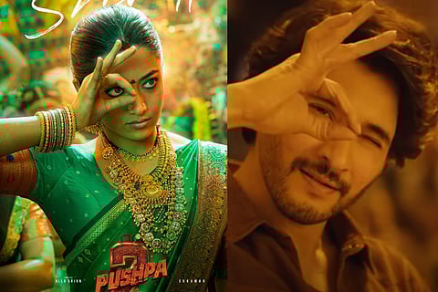 In frame: Rashmika Mandanna in Pushpa 2 poster (L), Mahesh Babu in Guntur Kaaram (R)
