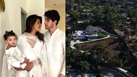 In frame: Priyanka Chopra and Nick Jonas with Malti Marie, LA mansion (R)