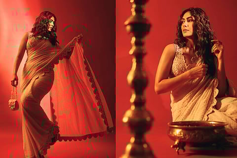 Mrunal Thakur in a sari designed by Mrunalini Rao