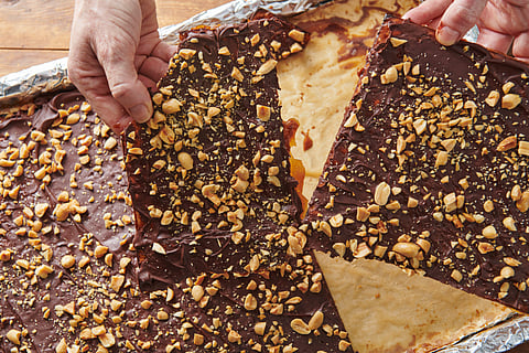 In frame: Chocolate-covered caramel matzo
