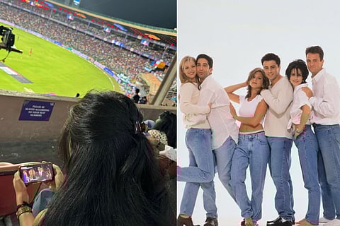 In frame: Girl watching Friends at stadium (L), Cast of the show (R)