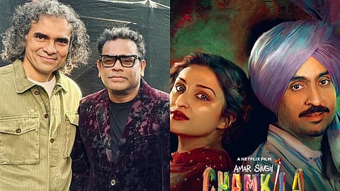 In frame: Imtiaz Ali with AR Rahman (L); Chamkila poster