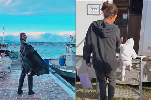 (left) Priyanka Chopra on the sets of the film; (right) Priyanka and daughter Malti Marie Chopra enter a vanity van