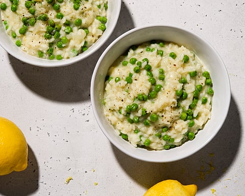 In frame: Lemon and green pea risotto