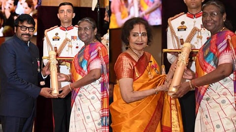 In frame: Vyjayanthimala and Chiranjeevi Konidela with President Droupadi Murmu
