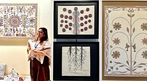Mahua Lahiri, winner of the 2023 AD X JSW Prize for Contemporary Craftmanship (R), A modern interpretation Shrishti, Dyptich, undyed muslin and kantha embroidery, 2023, (L)