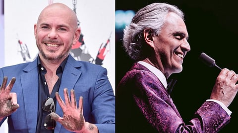 In frame: Pitbull (L); Andrea Bocelli (R)