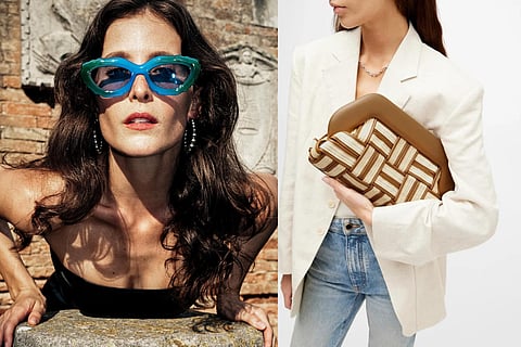 Junk Plastic Rehab Joys Sunglasses and THEMOIRè Bios Weaved Straw Shell & Caramel Bag