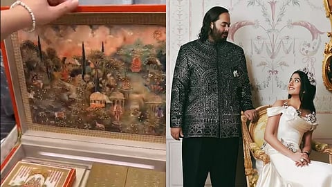 In frame: The wedding invite (L); Anant Ambani and Radhika Merchant (R)