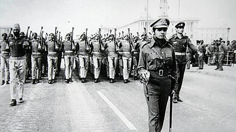 Kiran Bedi is the first woman to lead the Designer Tarun Tahiliani all-male contingent of the Delhi police at 1975 Republic day parade.