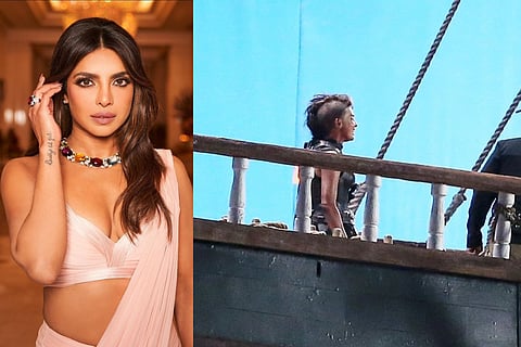 Priyanka Chopra (L); The actress in her mohawk look from the sets of 'The Bluff'