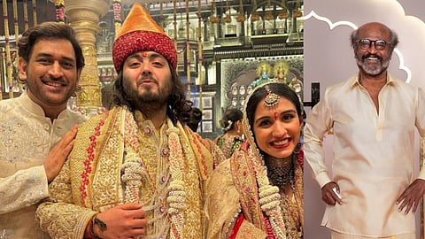 In frame: MS Dhoni with Anant Ambani and Radhika Merchant (L); Rajinikanth (R)