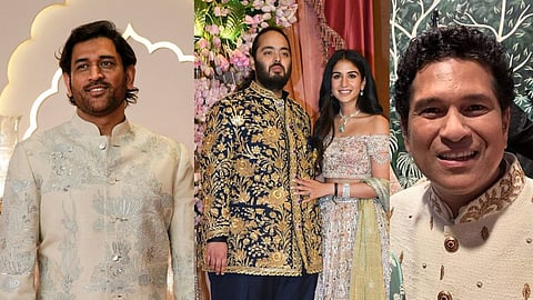 In frame: MS Dhoni (L); Anant Ambani and Radhika Merchant (C); Sachin Tendulkar (R)