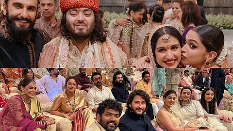 Ranveer Singh and Deepika Padukone with Anant Ambani and Radhika Merchant (top); Vignesh Shivan, Mahesh Babu, Suriya, Nayanthara and others (below)