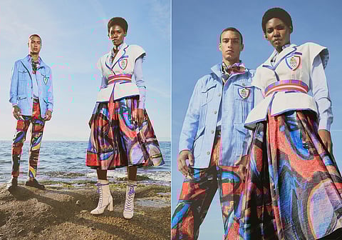Haitian Olympic athletes at the 2024 Summer Olympics in Paris in ceremonial uniforms by designer Stella Jean and Haitian artist Philippe Dodard