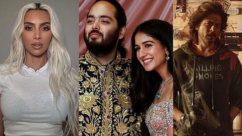 In frame: Kim (L); Anant-Radhika (C); SRK (R)