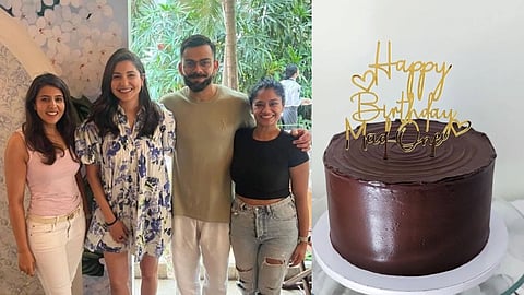 Anushka Sharma and Virat Kohli with the bakers (L); Anushka's 36th birthday cake (R)
