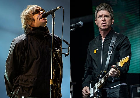 Liam Gallagher (left) performs at the Reading Music Festival, England (Aug. 29, 2021), and Noel Gallagher (right) performs at the Glastonbury Festival in Worthy Farm, Somerset, England (File; June 25, 2022)