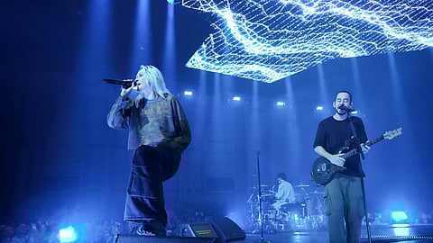 Emily Armstrong, from left, Colin Brittain, and Mike Shinoda of Linkin Park perform Thursday, Sept. 5, 2024, in Los Angeles