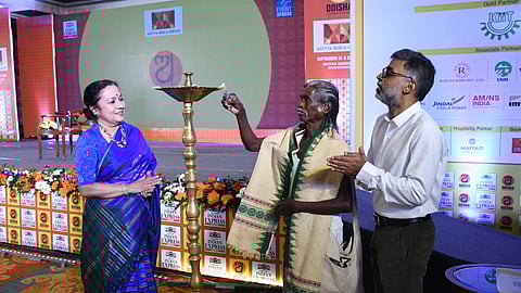 Inauguration of the Odisha Literary Festival 2024 at Bhubaneswar (L to R) Lakshmi Menon, CEO, The New Indian Express; Dr Haldhar Nag, Padma Shri poet and writer; Siba Mohanty, Resident Editor, The New Indian Express - Odisha