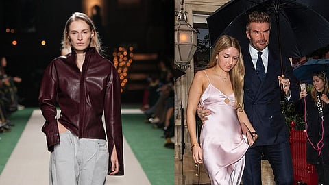 A model donning an outfit from Victoria Beckham's Spring Summer 2025 collection (L); David Beckham with daughter Harper (R)