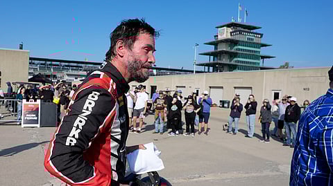 Keanu Reeves drives during the GR Cup Series auto race at Indianapolis Motor Speedway