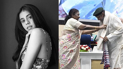 Dishani Chakraborty (L); Droupadi Murmu and Mithun Chakraborty (R)