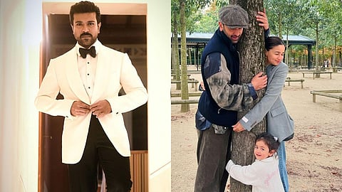 Ram Charan (L); Ranbir Kapoor, Alia Bhatt and Raha (R)