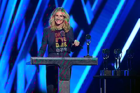 Julia Roberts speaks during the 39th Annual Rock & Roll Hall of Fame Induction Ceremony on Saturday, Oct. 19, 2024, at Rocket Mortgage FieldHouse in Cleveland