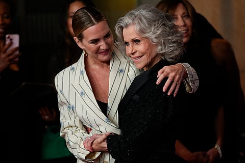 Kate Winslet, left, and Jane Fonda embrace during the Women in Film Honors on Thursday, Oct. 24, 2024, at The Beverly Hilton in Beverly Hills, CA
