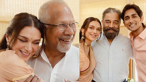 Aditi Rao Hydari and Mani Ratnam (L); Aditi, Kamal Haasan and Siddharth (R)