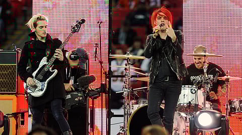 My Chemical Romance performs during the pre-game show for the NFL Football game between the Denver Broncos and San Francisco 49ers at Wembley Stadium in London in 2010