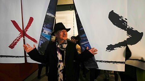 Artist Yoshitaka Amano attends the press preview of the exhibition