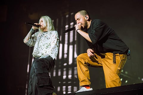 Linkin Park co-vocalists (L-R) Emily Armstrong and Mike Shinoda during a recent concert.