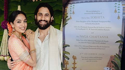 Sobhita Dhulipala and Naga Chaitanya (L); wedding invite (R)