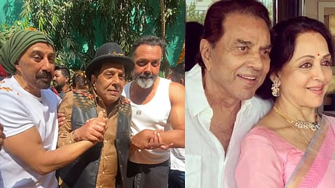 Sunny Deol, Dharmendra and Bobby Deol (R); Dharmendra and Hema Malini (L)
