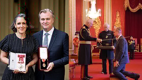 Emma Thomas and Christopher Nolan (L); King Charles III and Christopher Nolan (R)