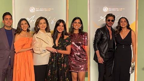 The Ambani family (L); Shah Rukh Khan and Gauri Khan (R)