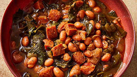 Paprika-pinto bean soup with collard greens