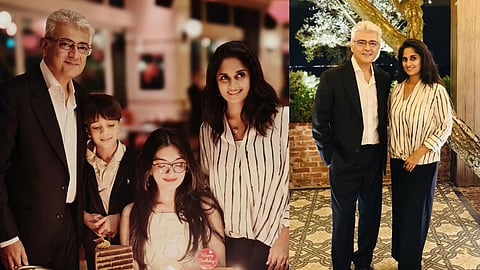 Ajith Kumar, Aadvik, Anoushka and Shalini (L); Ajith and Shalini (R)