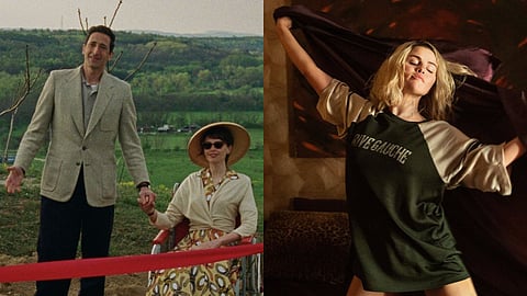 Adrien Brody in The Brutalist (L); Selena Gomez in Emilia Pérez (R)