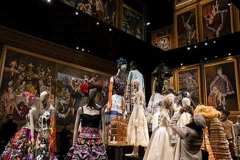 Creations are displayed during the exhibition From the Heart to the Hands Dolce & Gabbana at the Grand Palais, in Paris, Thursday, Jan. 9, 2025