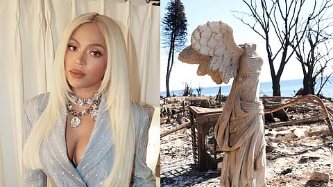 Beyoncé (L); A sculpture is all that remains at a burned homesite during the aftermath of the Palisades Fire along Pacific Coast Highway in Malibu (R)