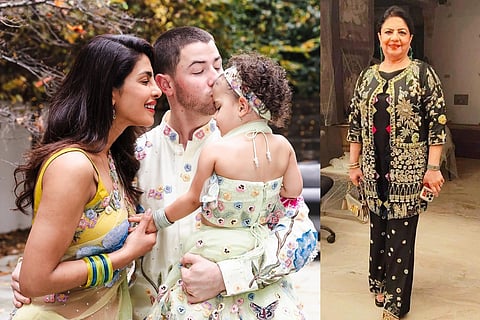 (L-R): Priyanka Chopra, Nick Jonas and Malti Marie; Madhu Chopra