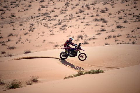 Rider Adrien Van Beveren competes during the tenth stage of the Dakar Rally between Haradh and Shubaytah, Saudi Arabia, Wednesday, Jan. 15, 2025.