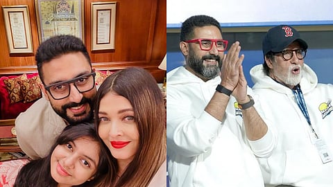 Abhishek Bachchan, Aaradhya and Aishwarya Rai (L); Abhishek and Amitabh Bachchan