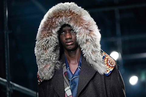 A model wears a creation part of the men's Prada Fall-Winter 2025-2026 collection, that was presented in Milan, Italy, Sunday, Jan. 19, 2025
