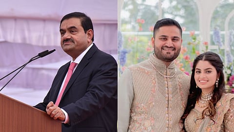Gautam Adani (L); Jeet Adani and Diva Shah (R)